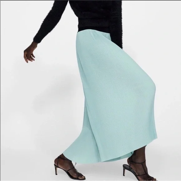 Zara Bohemian Green Highrise Ribbed Palazzo Flowy Cropped Pants Size Small - Picture 5 of 15